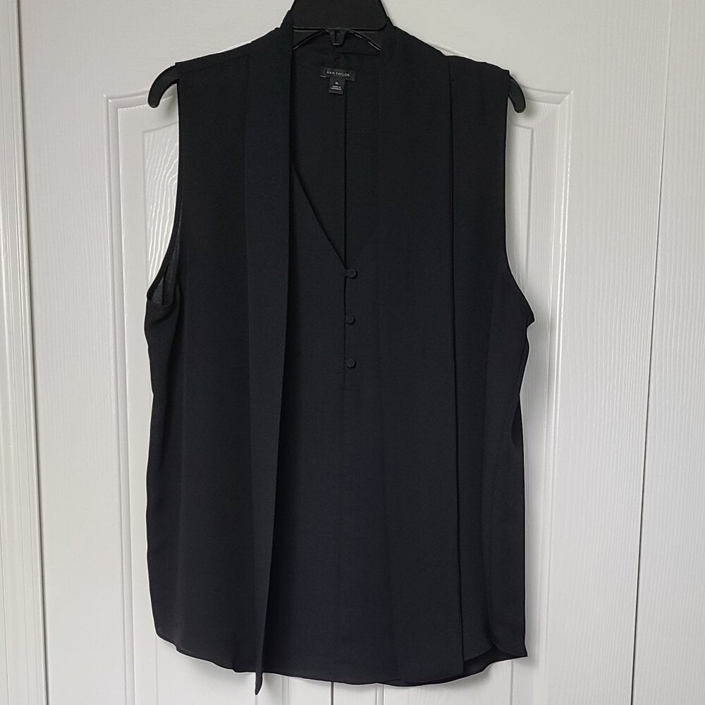 Ann Taylor Black Sleeveless Bow Tie Blouse, XL